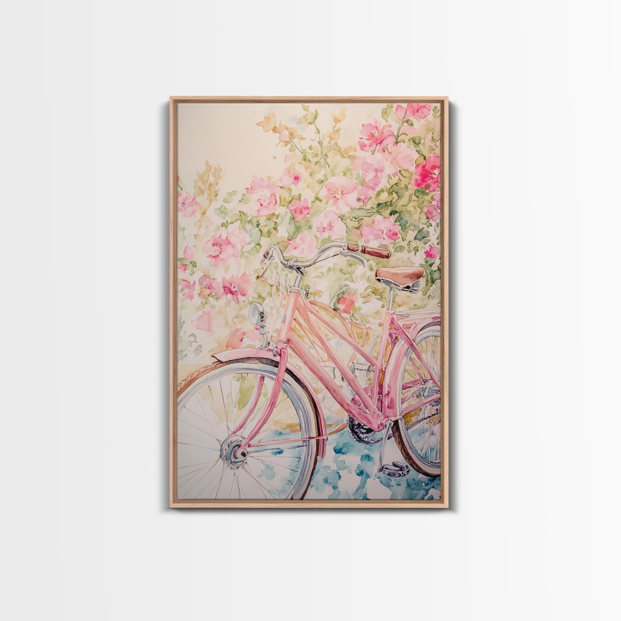 Pink Bicycle Canvas Print Cottagecore Art with Floral Wildflower Accents Above Couch Wall Art Living Room Decor Bedroom Gift