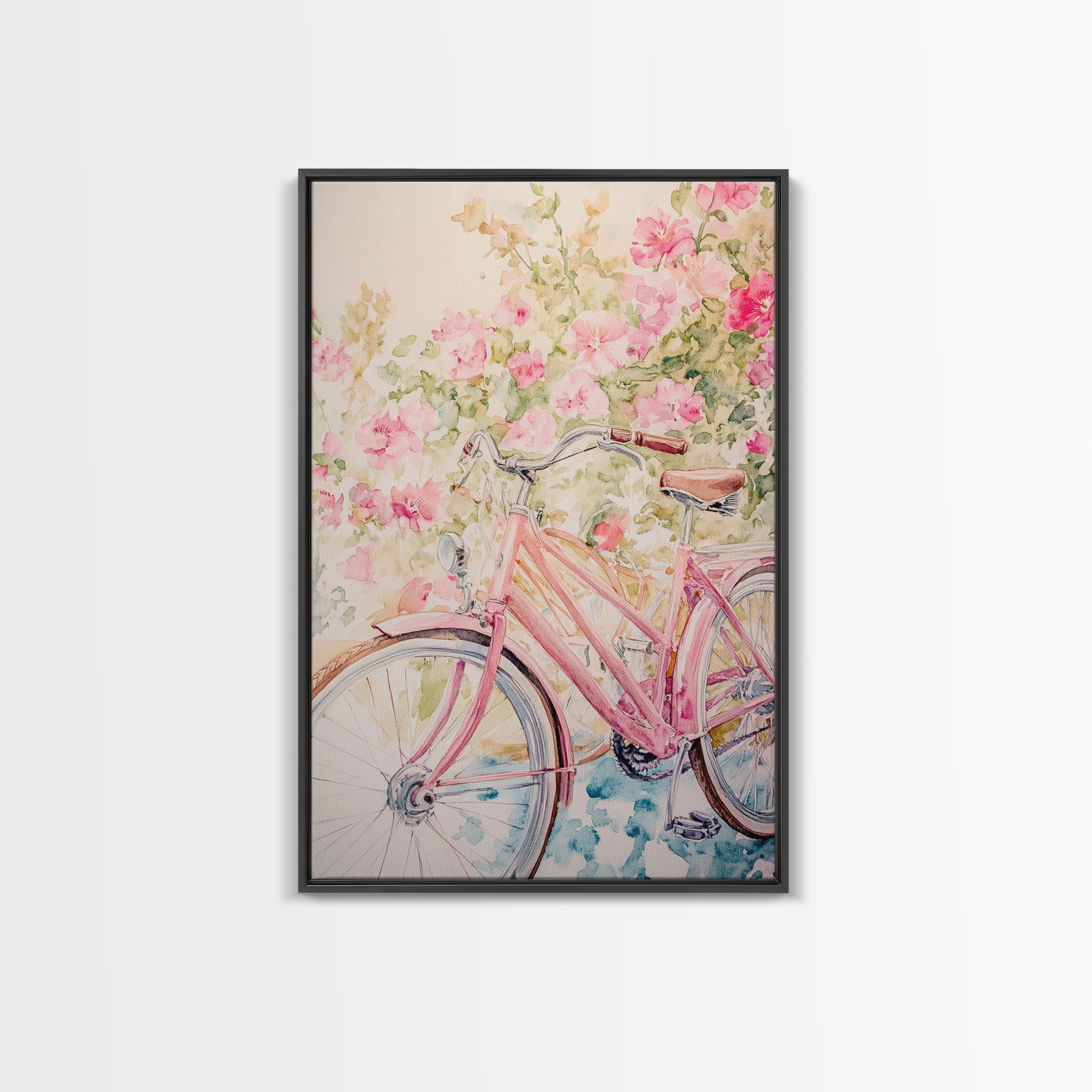 Pink Bicycle Canvas Print Cottagecore Art with Floral Wildflower Accents Above Couch Wall Art Living Room Decor Bedroom Gift