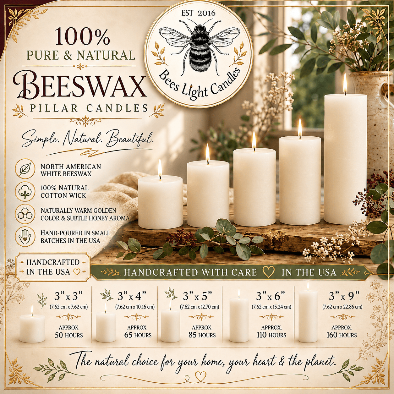 3 Inch White Beeswax Pillar Candles - Poppy Natural