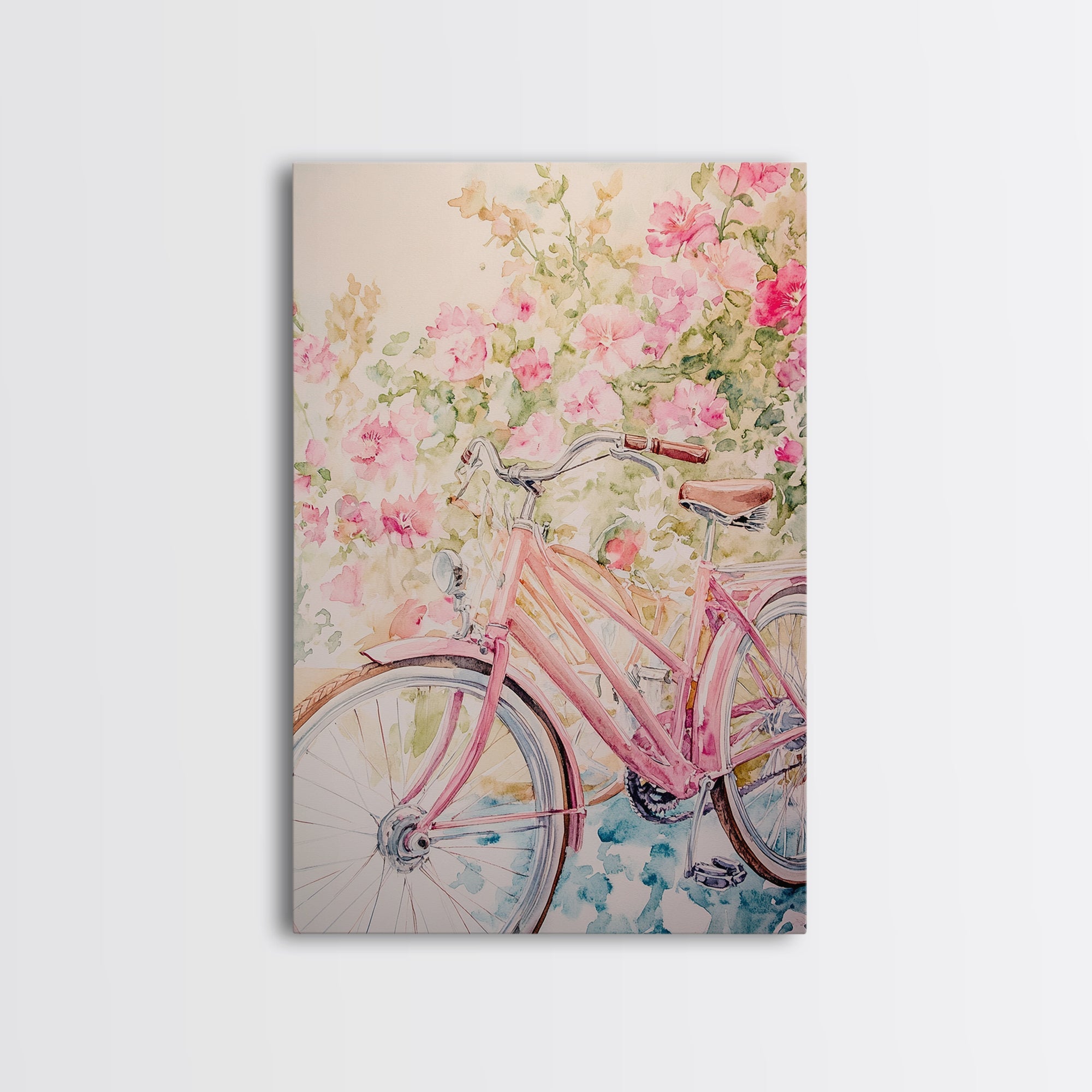 Pink Bicycle Canvas Print Cottagecore Art with Floral Wildflower Accents Above Couch Wall Art Living Room Decor Bedroom Gift