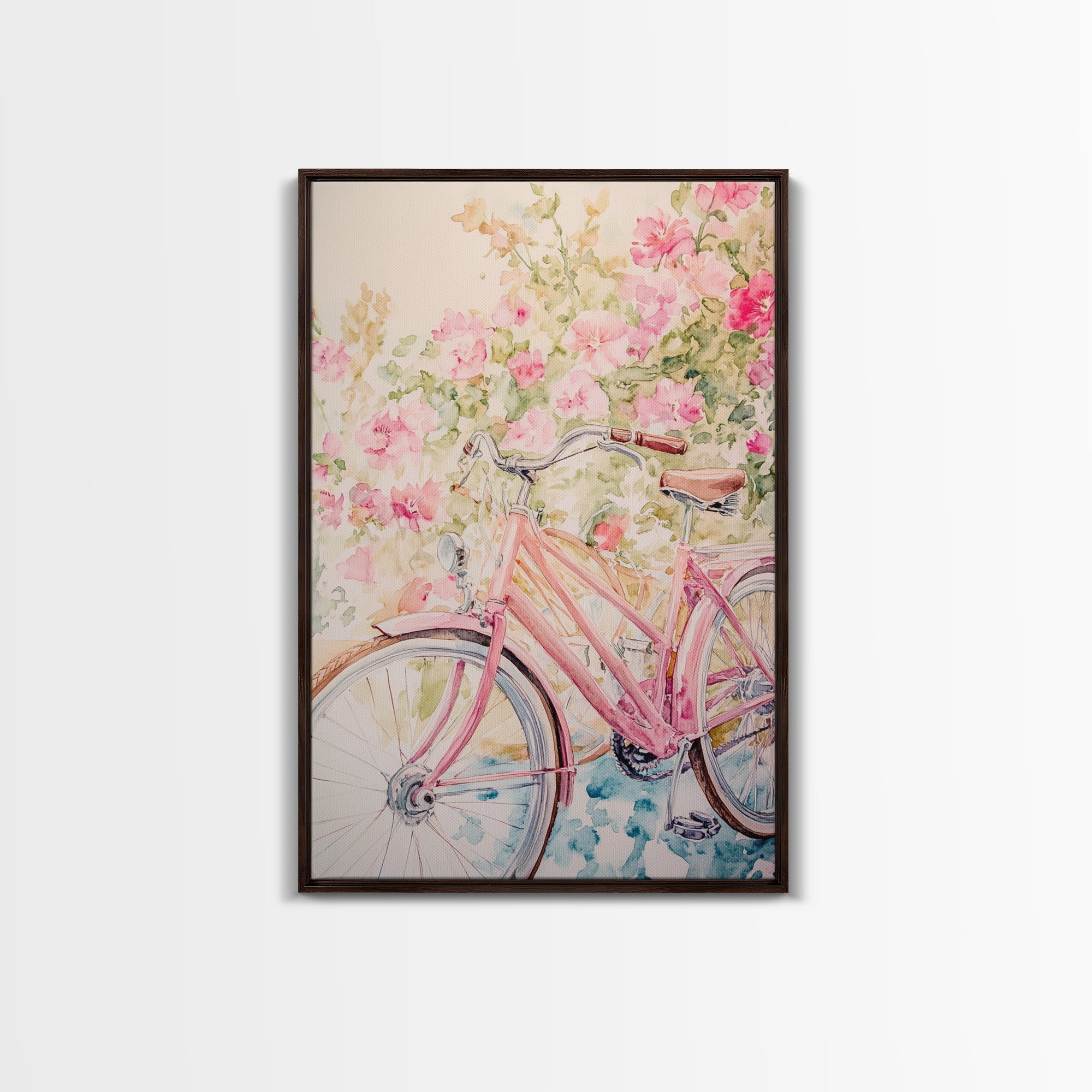 Pink Bicycle Canvas Print Cottagecore Art with Floral Wildflower Accents Above Couch Wall Art Living Room Decor Bedroom Gift