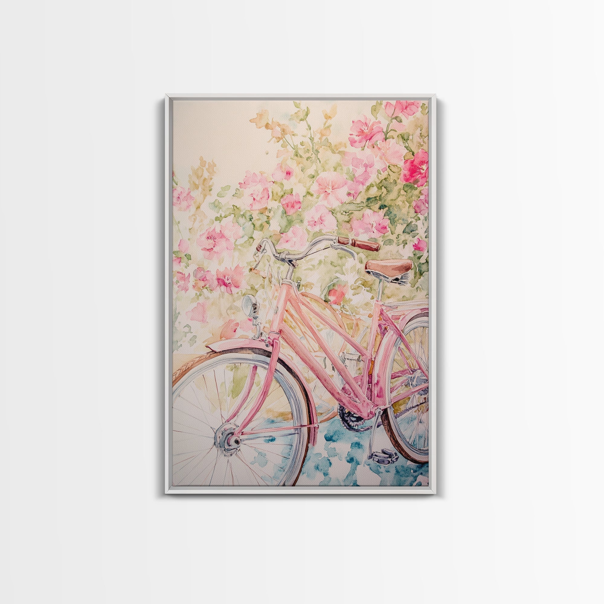 Pink Bicycle Canvas Print Cottagecore Art with Floral Wildflower Accents Above Couch Wall Art Living Room Decor Bedroom Gift