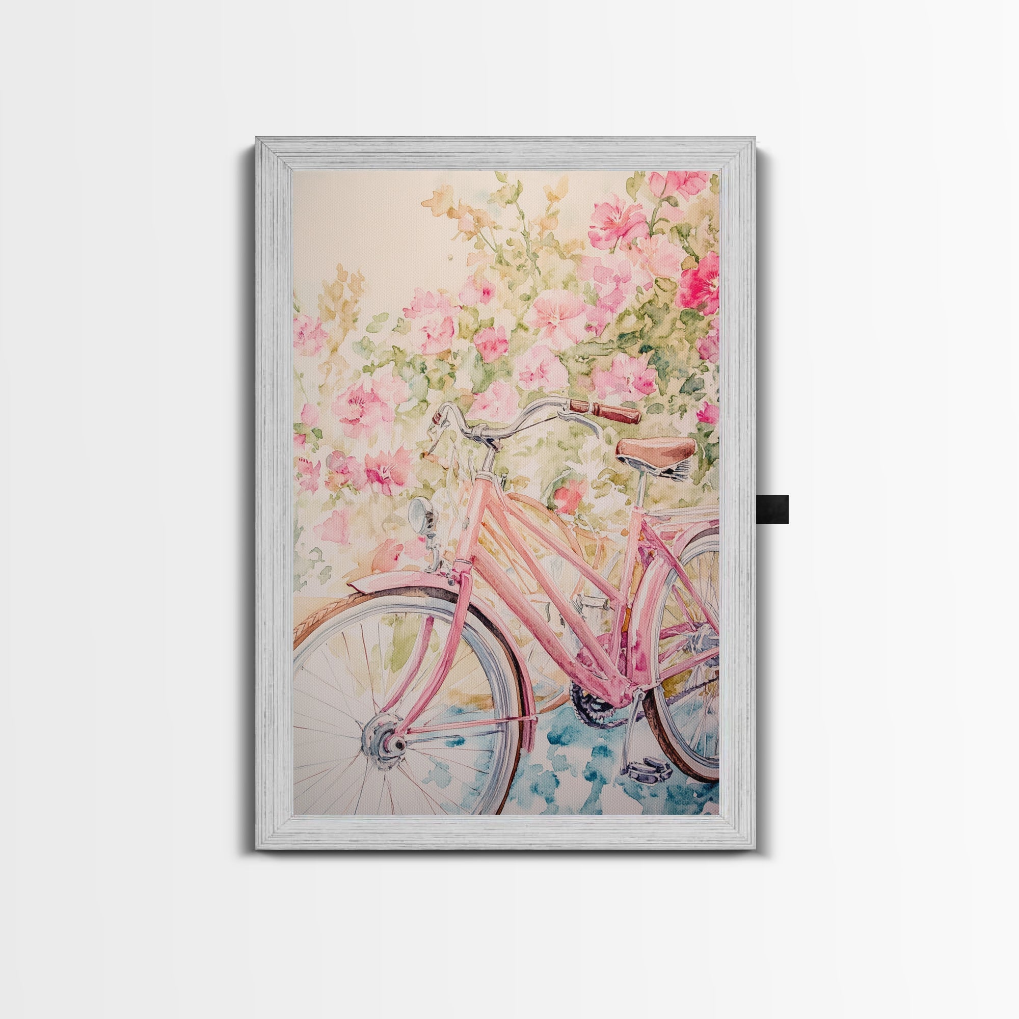 Pink Bicycle Canvas Print Cottagecore Art with Floral Wildflower Accents Above Couch Wall Art Living Room Decor Bedroom Gift