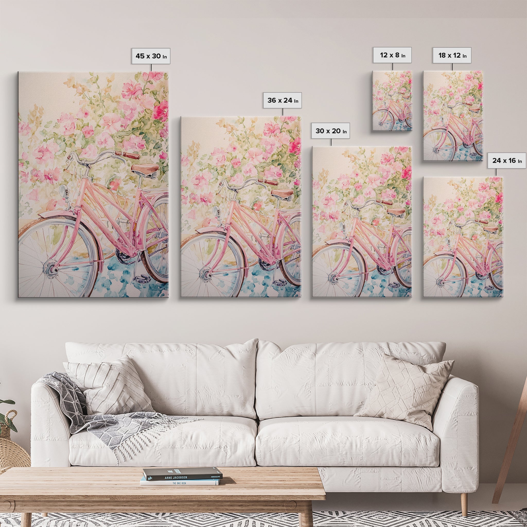 Pink Bicycle Canvas Print Cottagecore Art with Floral Wildflower Accents Above Couch Wall Art Living Room Decor Bedroom Gift