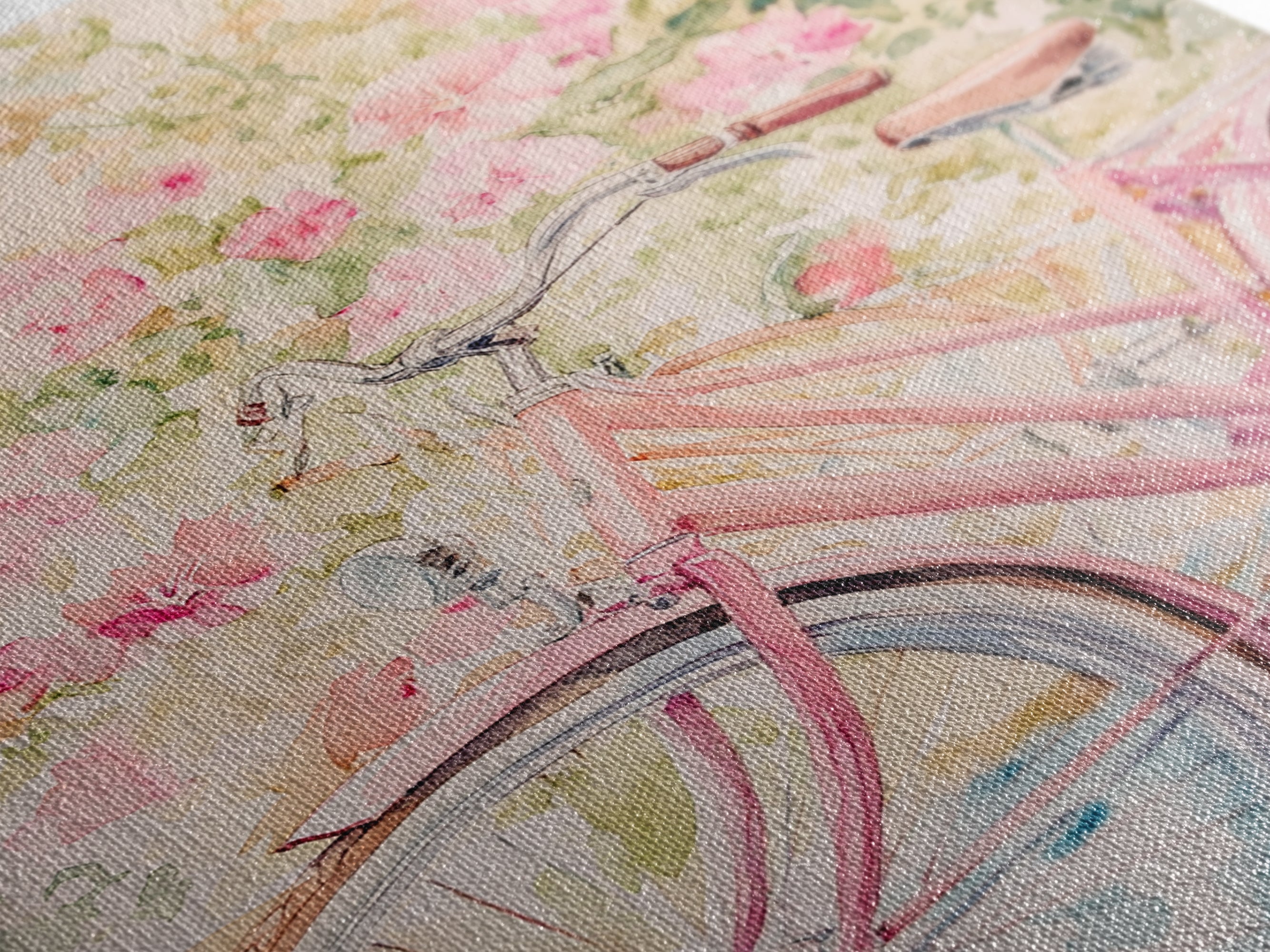 Pink Bicycle Canvas Print Cottagecore Art with Floral Wildflower Accents Above Couch Wall Art Living Room Decor Bedroom Gift