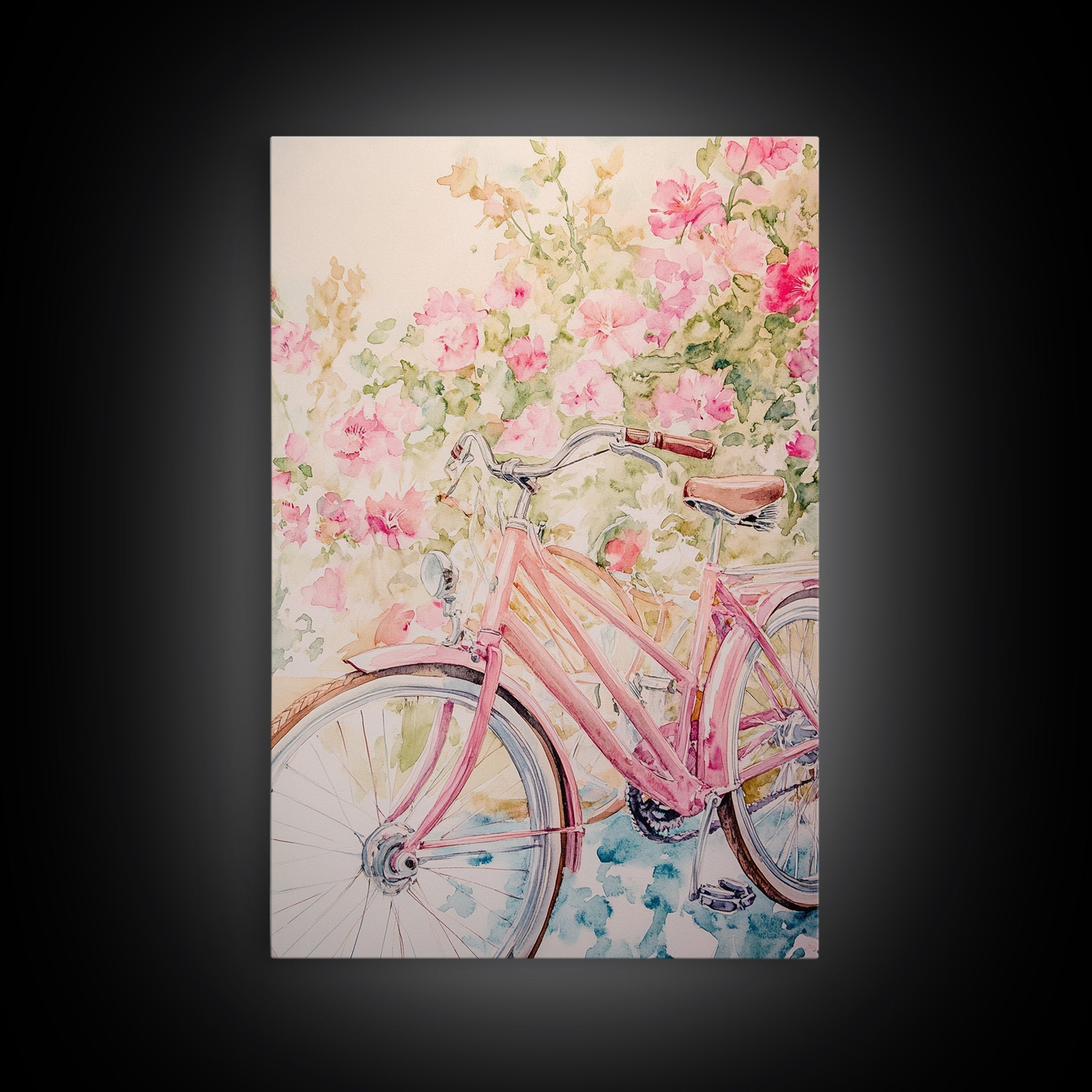 Pink Bicycle Canvas Print Cottagecore Art with Floral Wildflower Accents Above Couch Wall Art Living Room Decor Bedroom Gift