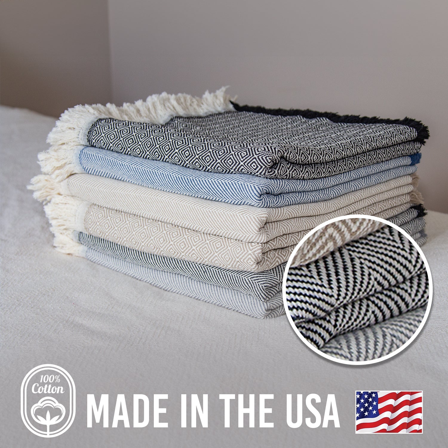 100% Cotton Patterned (Large) Throw Blankets - 58" x 62"