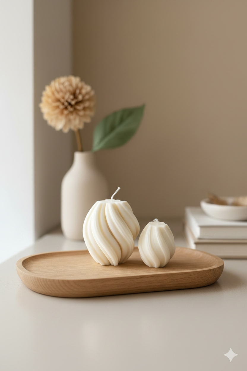 Two ribbed off-white candles displayed on a light wood tray on a tabletop, with a beige vase holding a dried flower and stacked books in the softly lit background.
