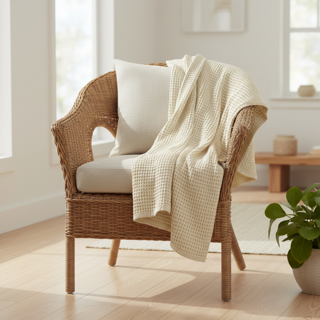 Ivory Waffle Weave Throw on Wicker Chair