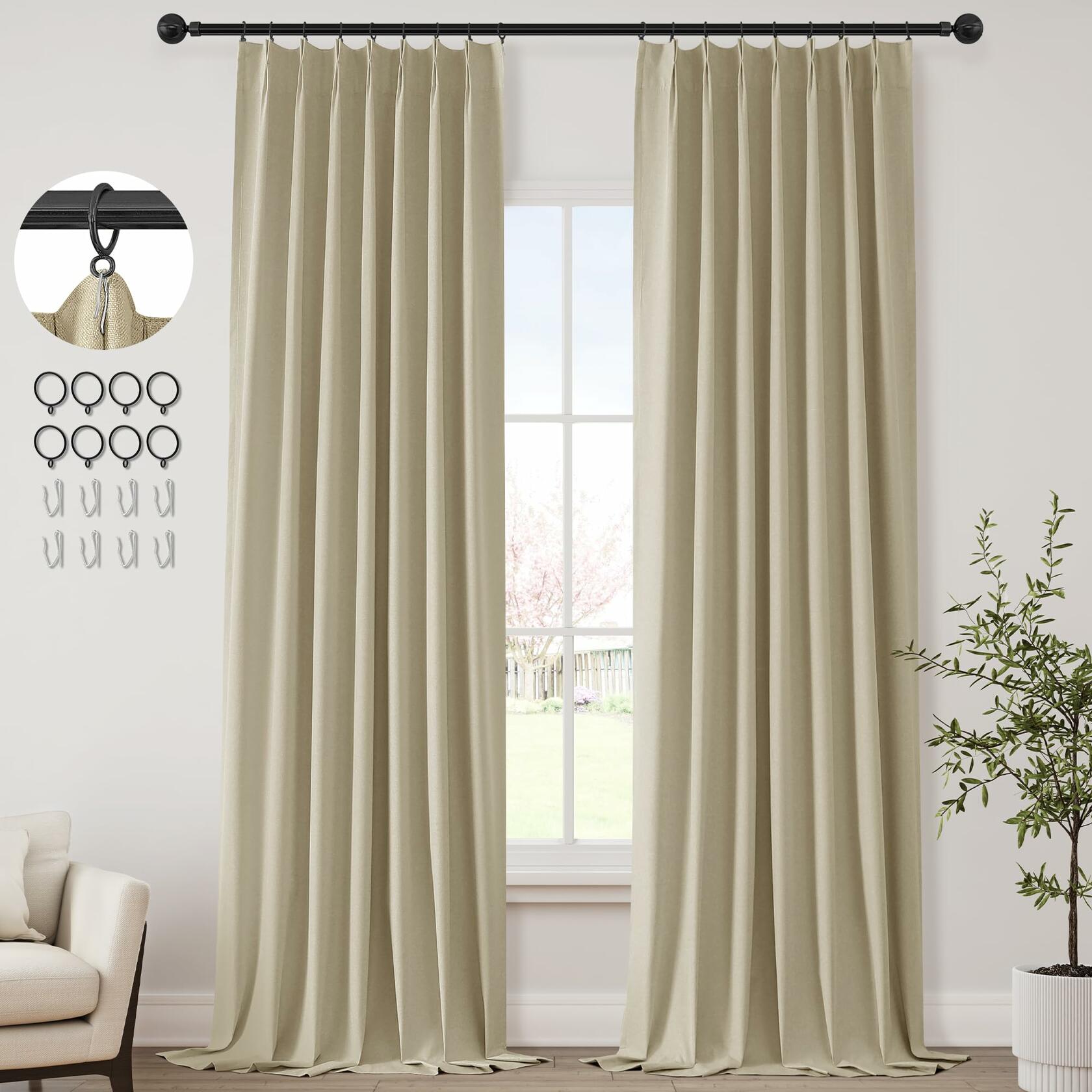 Beige curtains hanging in a room with a window, a plant, and a chair.